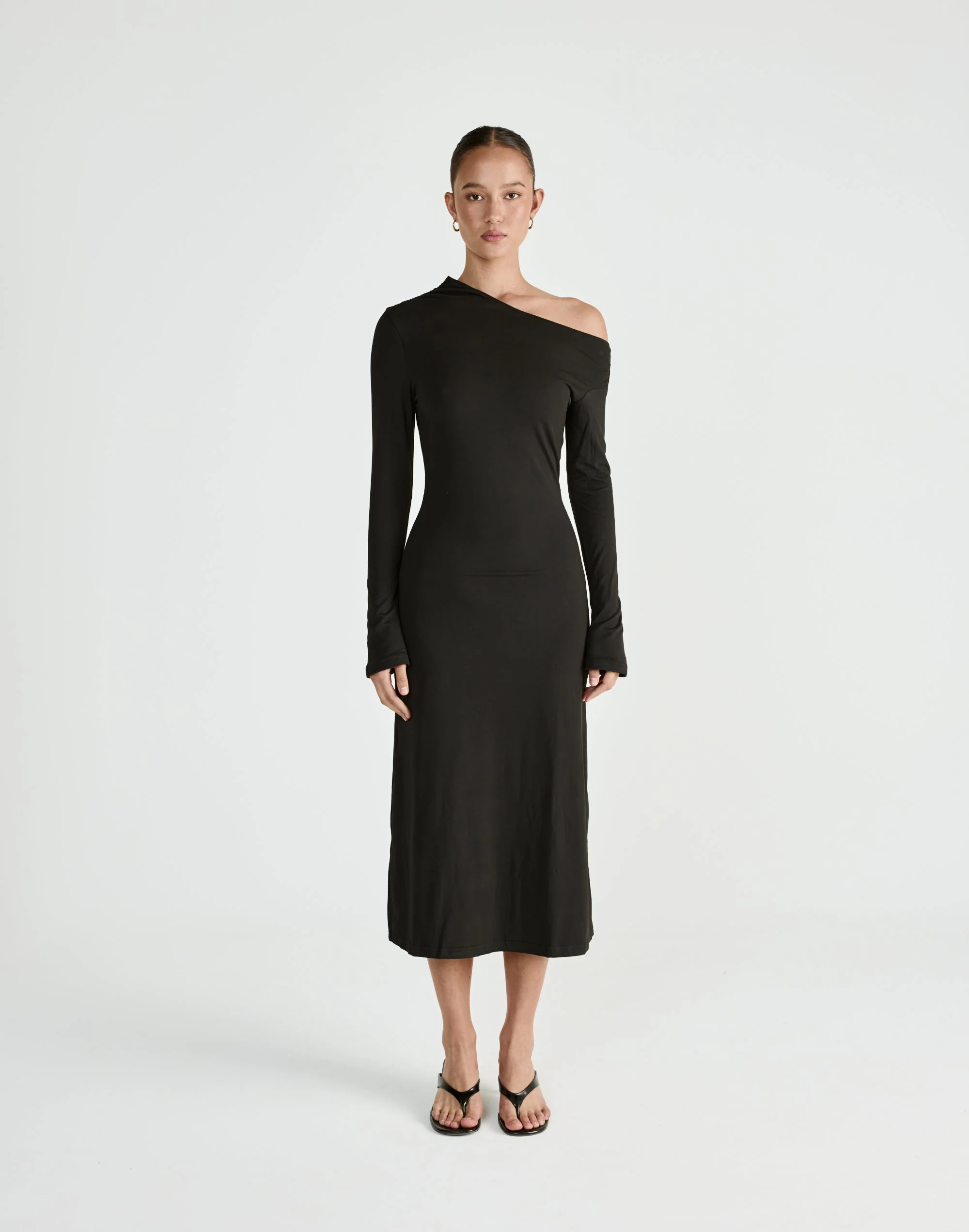 Ozias Long Sleeve Midi Dress (Black)